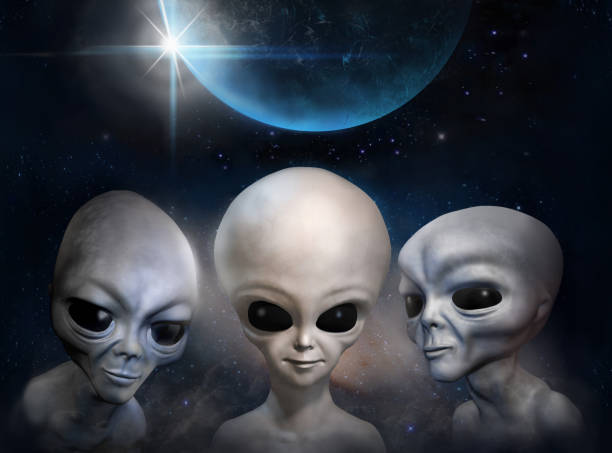 Three different grey aliens on the background of cosmic sky and earth planet. 3D illustration. Wallpaper. Three different grey aliens on the background of cosmic sky and earth planet. 3D illustration. Wallpaper. alien grey stock pictures, royalty-free photos & images