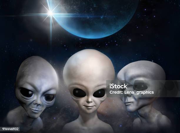 Three Different Grey Aliens On The Background Of Cosmic Sky And Earth Planet 3d Illustration Wallpaper Stock Photo - Download Image Now