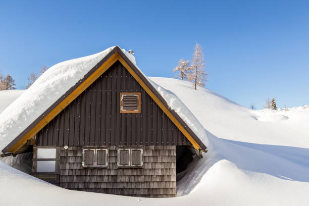 istock Winter landscape with small wooden house 914449780