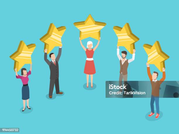 Five Stars Rating Flat Isometric Vector Concept Stock Illustration - Download Image Now - Isometric Projection, Customer, Customer Focused