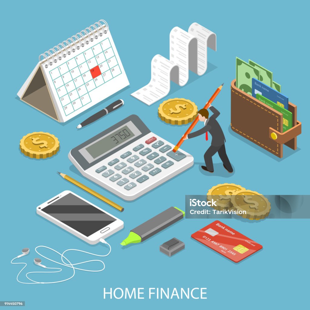 Personal home finance flat isometric vector. Personal home finance flat isometric vector concept. Man is calculating a budget surrounded by corresponding attributes. Finance stock vector