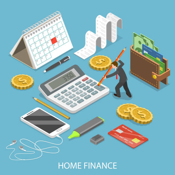Personal home finance flat isometric vector. Personal home finance flat isometric vector concept. Man is calculating a budget surrounded by corresponding attributes. piggy bank calculator stock illustrations