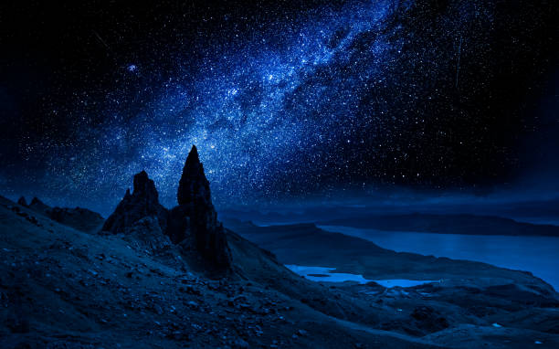 Old Man of Storr at night with milky way, Scotland Old Man of Storr at night with milky way, Scotland isle of skye stock pictures, royalty-free photos & images