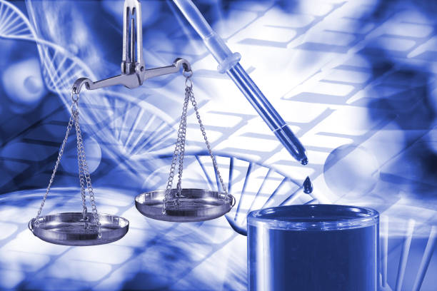 istock Image of laboratory flask and scales on technological background 914451746