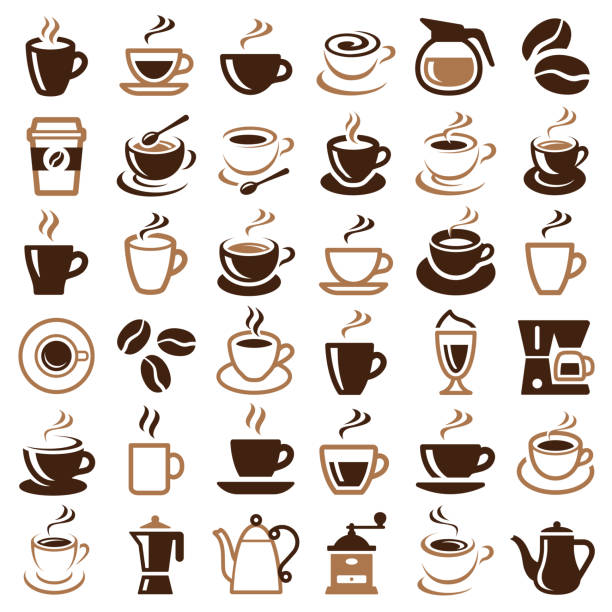 Coffee icon Coffee icon collection - vector outline illustration and silhouette mug illustrations stock illustrations