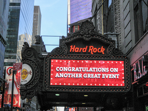 Hard Rock Cafe at the former Paramount building and the large billboards of Times Square, Manhattan, New York City