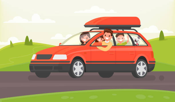 ilustraciones, imágenes clip art, dibujos animados e iconos de stock de viaje familiar en coche a la naturaleza. ilustración de vector de estilo plano - family in car