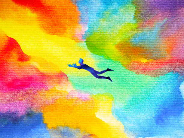man flying in abstract colorful dream universe illustration watercolor painting design hand drawn vector art illustration