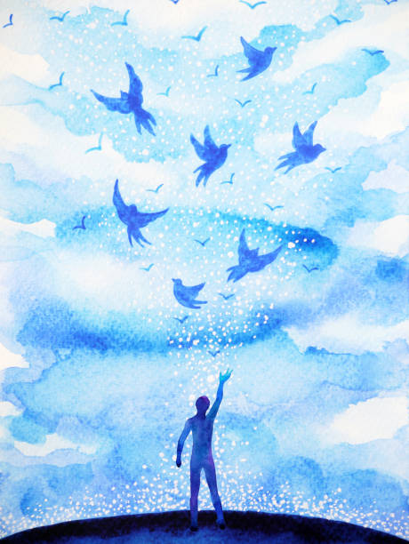 추상적인 인간 비행 새 영적 마음 블루 구름 하늘 그림 수채화 그림 디자인 손으로 그린에서 - bird brain stock illustrations