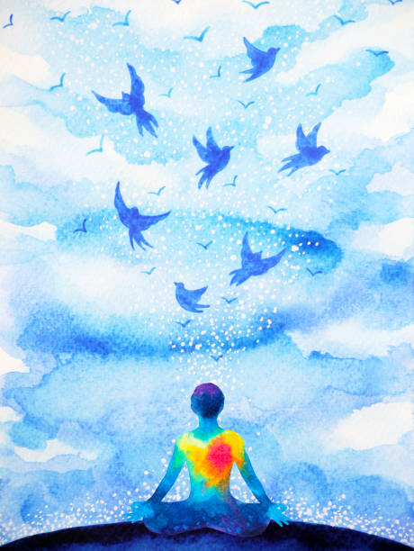 медитация человека, летающих птиц в голубом небе абстрактный ум иллюстрации акварели картина дизайн рисовать вручную - chakra yoga lotus meditating stock illustrations