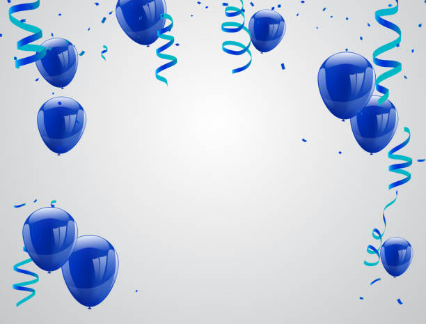 праздничный баннер с голубыми воздушными шарами, изолированными на белом фоне. конфетти и ленты. иллюстрация вектора - confetti balloon white background isolated stock illustrations