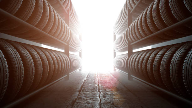 3d illustration, car tires rack in workshop background, back lit - brightly lit imagens e fotografias de stock