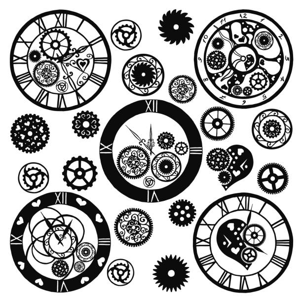 набор часов в викторианском стиле, нарисованный вручную. вектор - clock parts stock illustrations