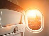 Aerial view London cityscape panoramic view from airplane window concept