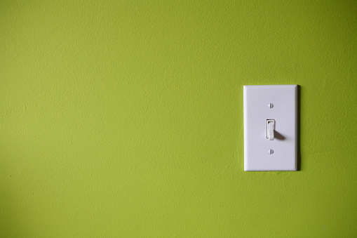 This minimalistic green wall is accentuated by a lightswitch. Plenty of room for text 