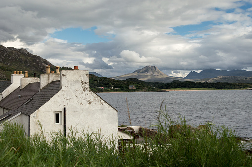 Overview of Loch Gairloch and the village of Gairloch in western Scotland. The region is also known as Wester Ross.