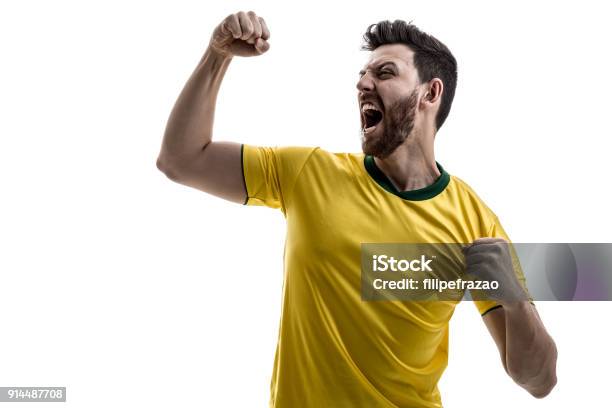 Brazilian Male Athlete Fan Celebrating On White Background Stock Photo - Download Image Now