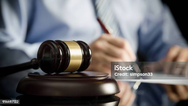 Lawyer In Office With Gavel Symbol Of Justice Stock Photo - Download Image Now - Finance, Legal System, Will - Legal Document