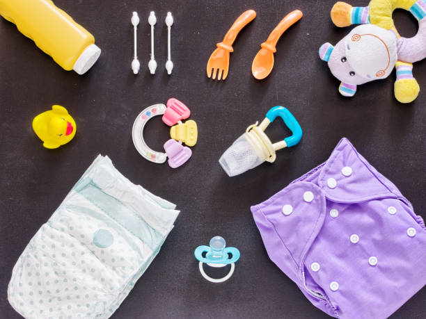 istock Flat lay of baby set with cloth diaper 914498170