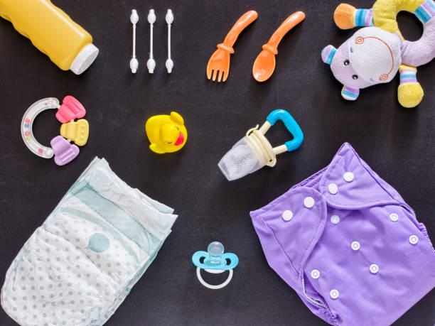 istock Flat lay of baby set with cloth diaper 914498220