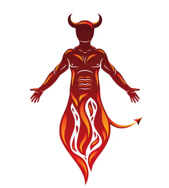Vector illustration of Vector human being standing in flame. Mystic infernal horned Satan, evil spirit.