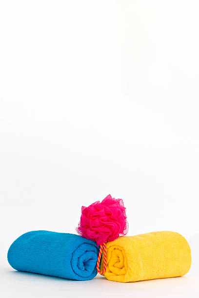 istock Colorful Towels & Body Sponge Isolated on White - Vertical 91451612