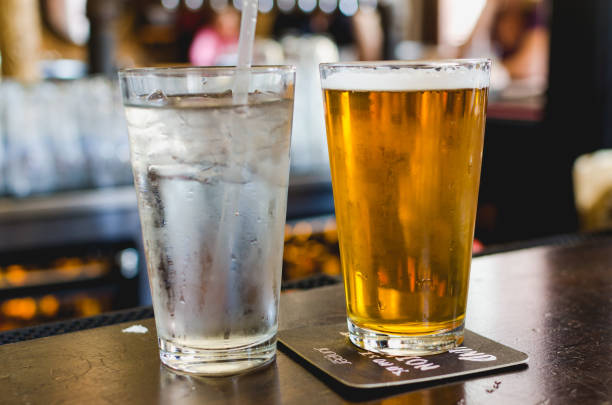 Beer and water in a bar