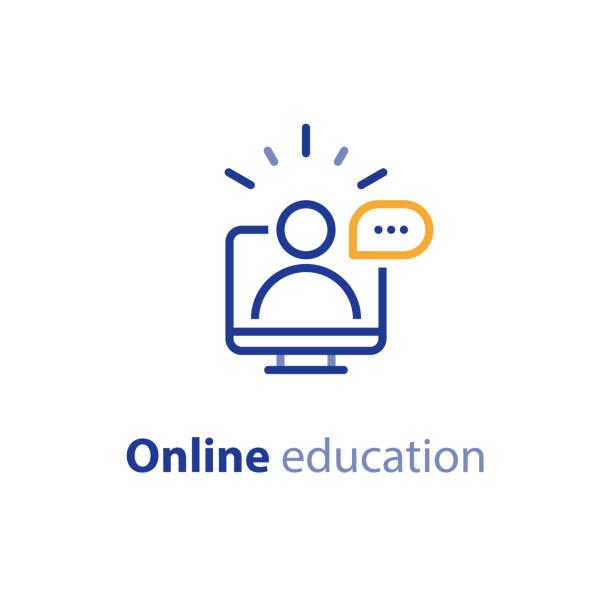 온라인 교육 개념 선 아이콘, 인터넷 학습 과정, 먼 공부 - webinar stock illustrations