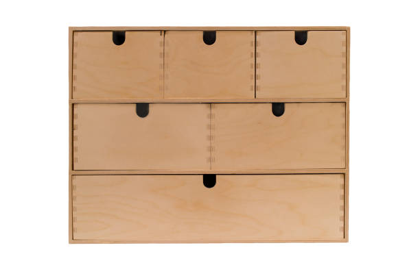 Small wooden cabinets with drawers isolated on white background