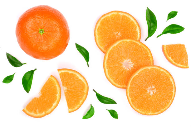 istock orange or tangerine with leaves isolated on white background. Flat lay, top view. Fruit composition 914520152