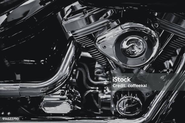 Luxury Modern Chrome Chopper Engine Art Photography In Black And White Vintage Tone Stock Photo - Download Image Now