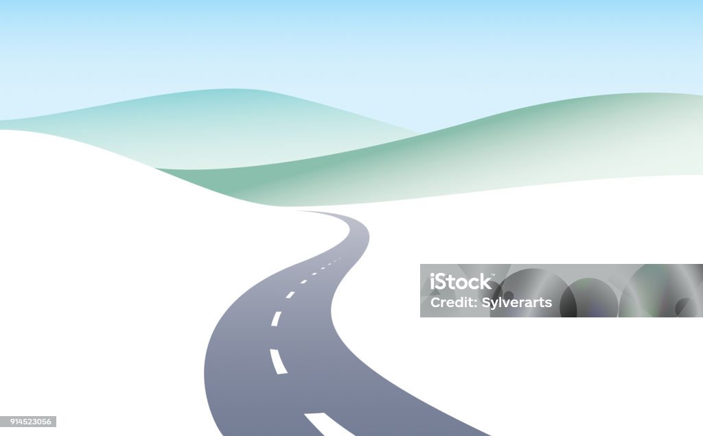 Country road vettore autostradale curvo illustrazione di design perfetta. La strada per la natura, le colline e i campi campeggio e tema di viaggio. Può essere utilizzato come banner stradale o cartellone pubblicitario con spazio di copia per il testo. - arte vettoriale royalty-free di Sentiero