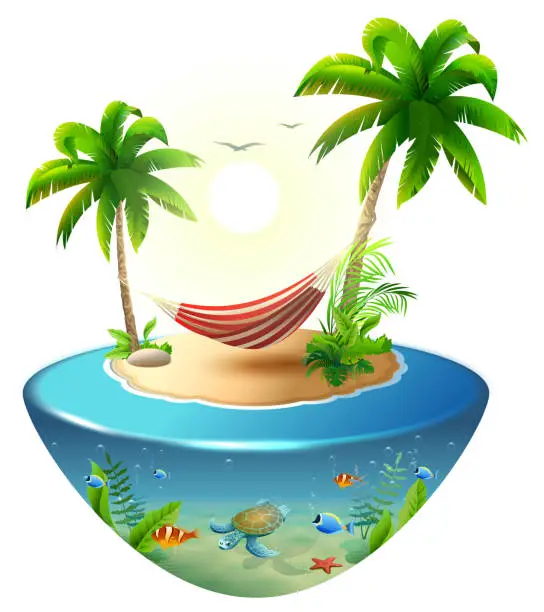 Vector illustration of Striped hammock between palm trees on tropical island. Paradise beach vacation in Hawaii