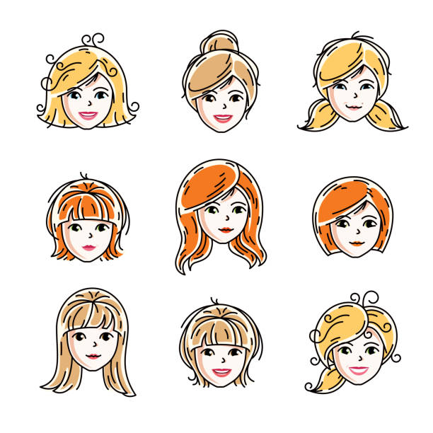 illustrazioni stock, clip art, cartoni animati e icone di tendenza di un insieme di facce femminili, teste umane. diversi personaggi vettoriali come rossa e femmine bionde, attraente viso da donna presenta la collezione. - serious women human face teenager