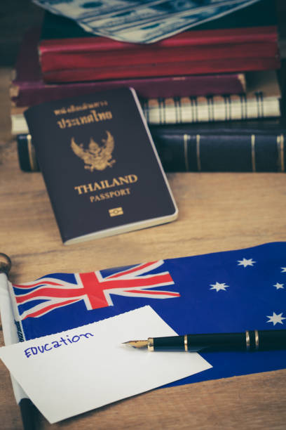 istock Education in Australia concept,passport and white note on Australia flag . 914530108