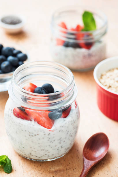 istock Chia pudding with fresh berries in jar. Healthy breakfast or snack 914530526
