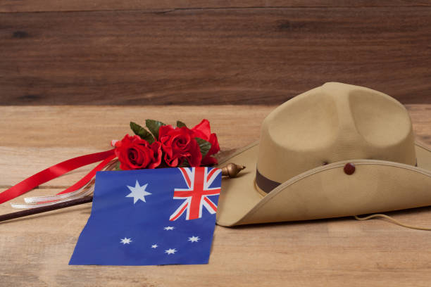 istock Anzac army slouch hat with Australian Flag on vintage 914530976