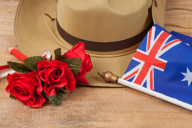 istock Anzac army slouch hat with Australian Flag on vintage 914530992