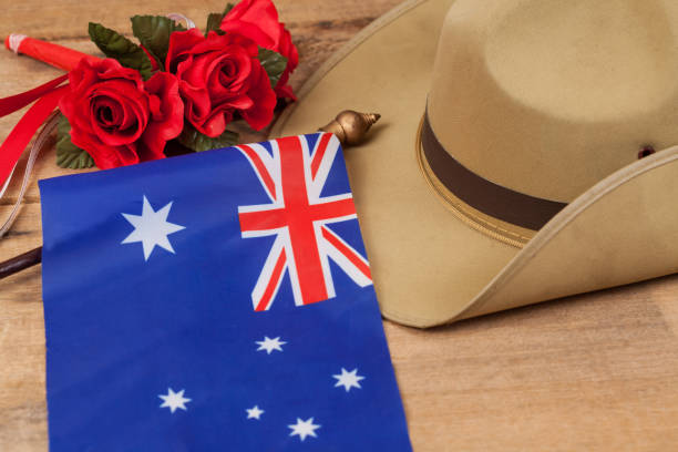 istock Anzac army slouch hat with Australian Flag on vintage 914531016