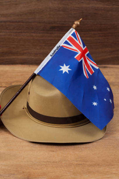 istock Anzac army slouch hat with Australian Flag on vintage 914531024