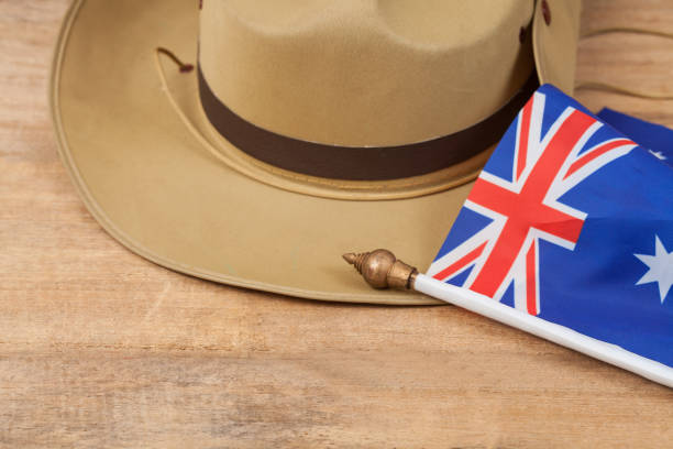 istock Anzac army slouch hat with Australian Flag on vintage 914531036