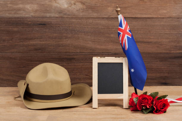 istock Anzac army slouch hat with Australian Flag on vintage 914531044