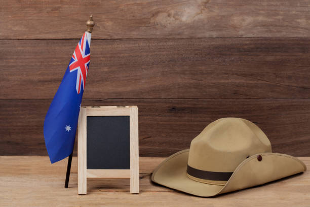 istock Anzac army slouch hat with Australian Flag on vintage 914533296
