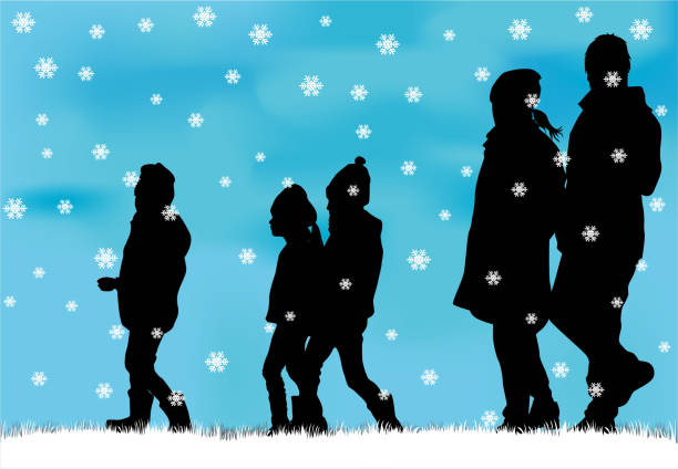 bildbanksillustrationer, clip art samt tecknat material och ikoner med silhouette familj av vintern. - children tree christmas silhouette