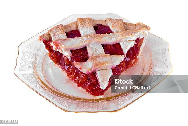 Slice Of Homemade Cherry Pie Served On Antique Glass Plate Stock Photo - Download Image Now