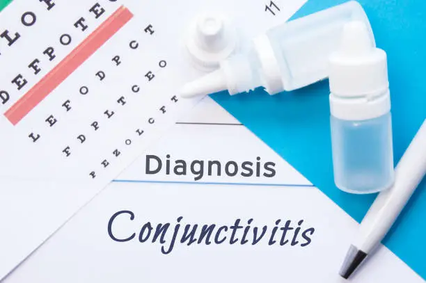 Ophthalmology diagnosis Conjunctivitis. Snellen (eye) chart, two bottles of eye drops ( medications) lying on notebook with inscription Conjunctivitis diagnosis on the desk in ophthalmologist office