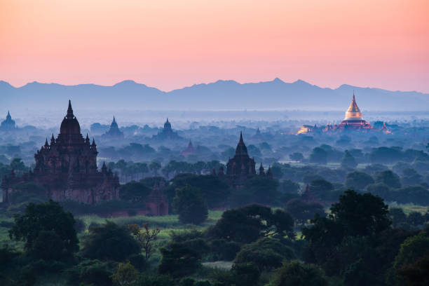 istock Old pagoda field sunrise time at Bagan 914534230