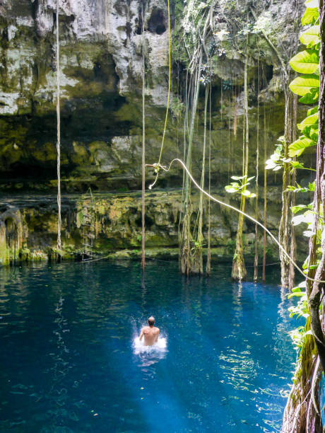 istock Young man rope swinging into Cenote sink hole Oxman 914540854