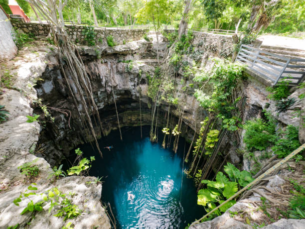 Cenote sink hole Oxman seen from above Cenote sink hole Oxman in Yucatan, Mexico, 2017 seen from above yucatan stock pictures, royalty-free photos & images