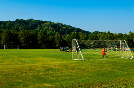 this picture is of Soccer Players playing Soccer on Soccer Field with Soccer Ball. the picture includes a soccer team playing against another soccer team during a soccer game or soccer match. the goalie has just stopped a soccer ball from being scored in the soccer goal and is throwing the ball out onto the field. there are also fans watching the soccer game. and the soccer field is either lush green grass or artificial turf. there are also trees and a hill in the background. this picture was taken during a live sporting event or soccer game. the picture was taken during the soccer season or spring or summer. and the picture was taken during the day. the lighting in natural sunlight. and the background also has the clear blue sky.